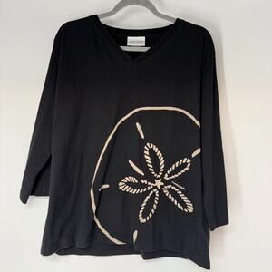 Marushka Handprints Sand Dollar Top XL Black Graphic Beach Art Tee Style 3577